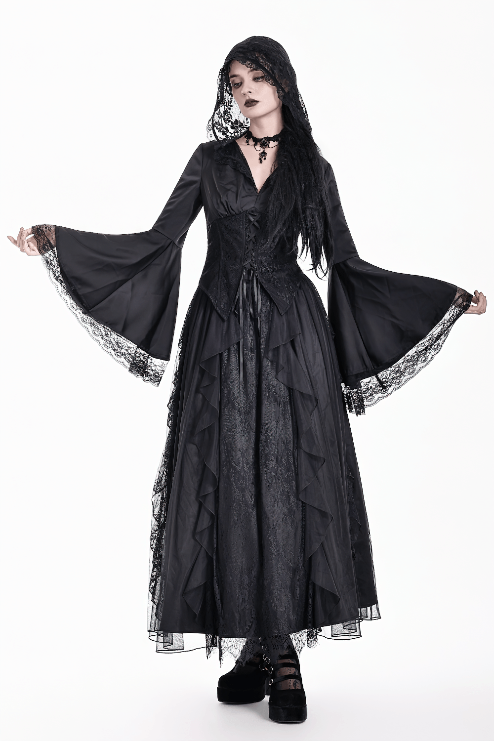 Gothic Victorian Hooded Lace Up Bell Sleeved Blouse