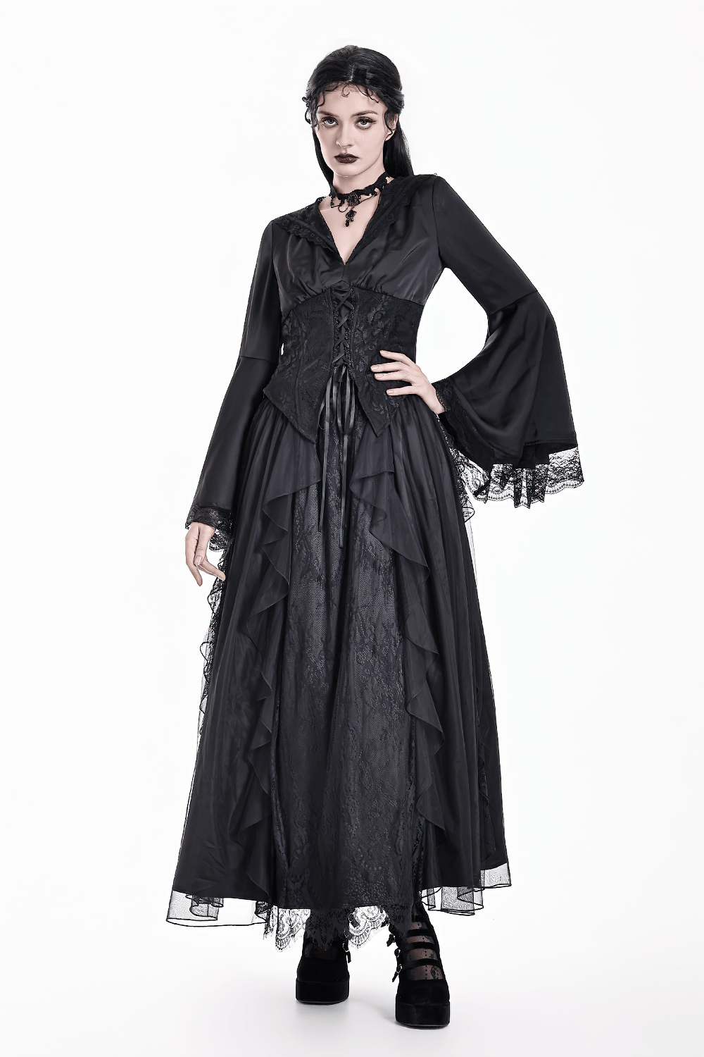 Gothic Victorian Hooded Lace Up Bell Sleeved Blouse