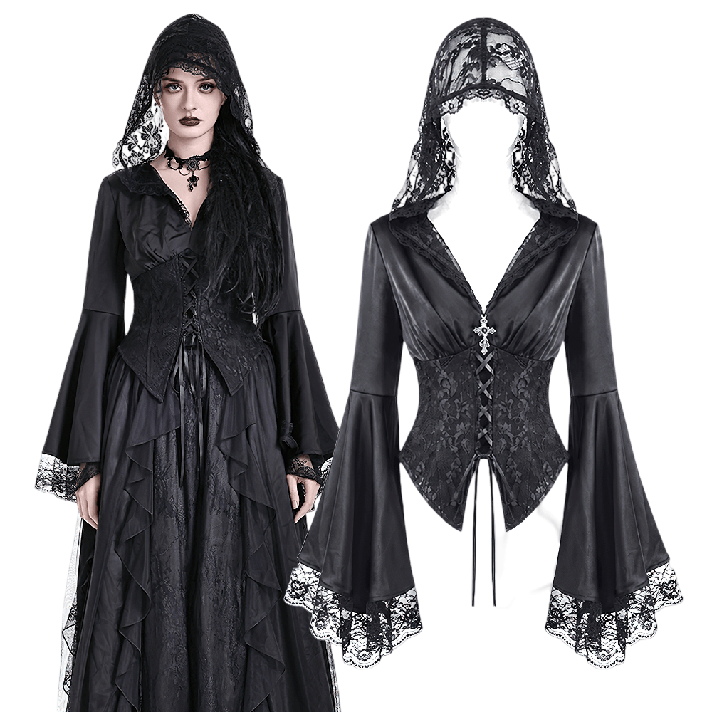 Gothic Victorian Hooded Lace Up Bell Sleeved Blouse