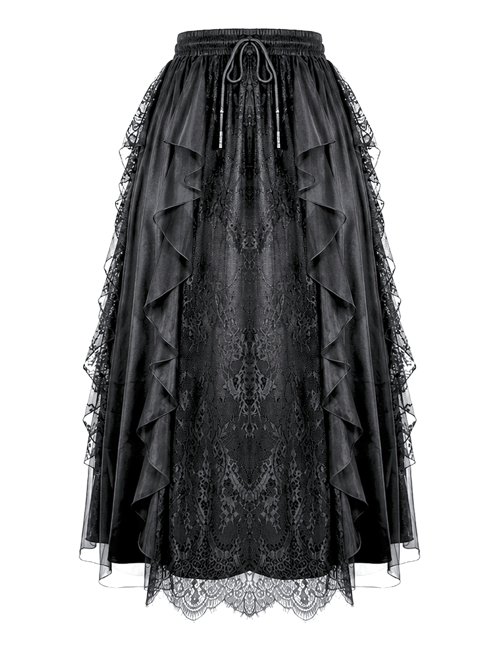 Gothic Victorian Lace Ruffle Maxi Skirt in Black