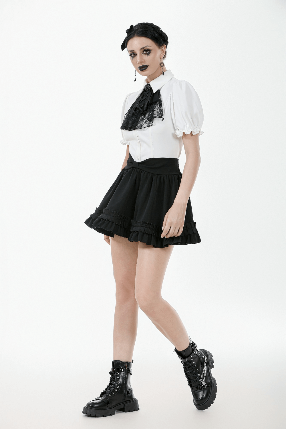 Gothic White Blouse With Detachable Lace Jabot
