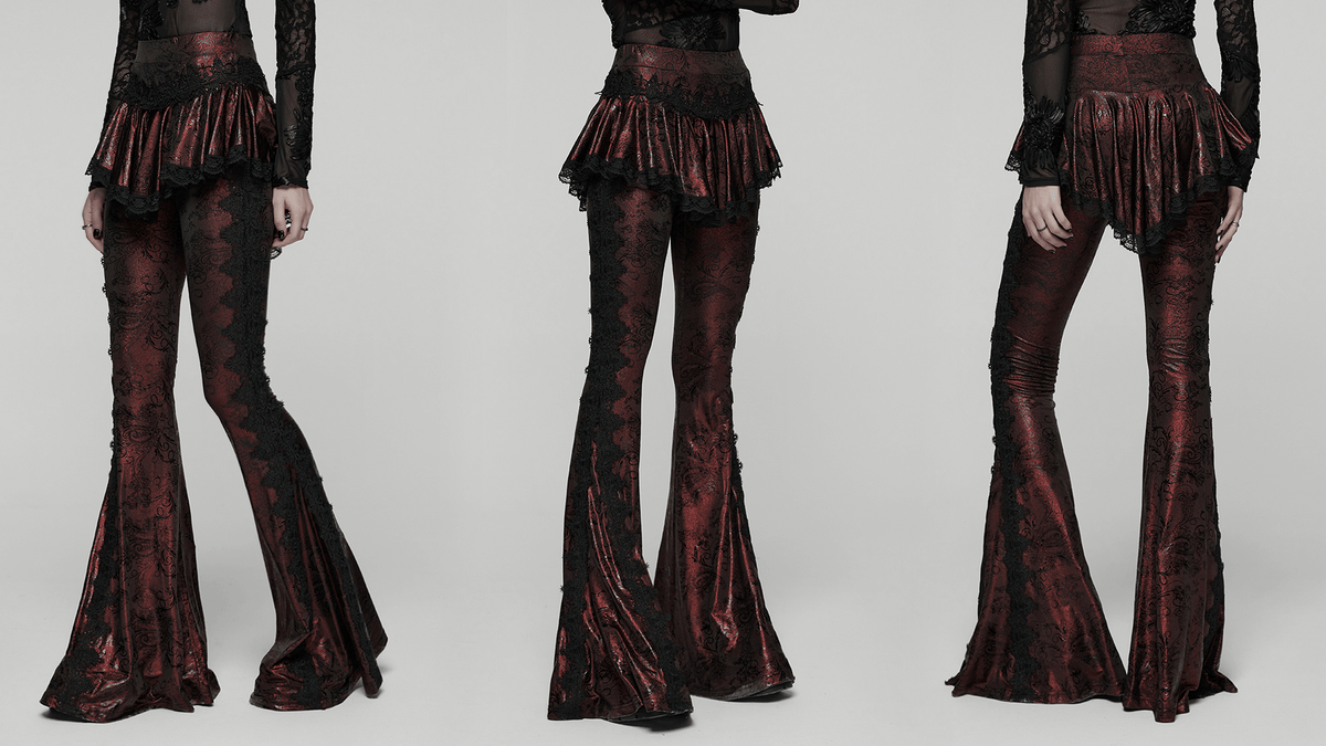 Gothic Wine Red Lace Flared Pants with Skirt Overlay