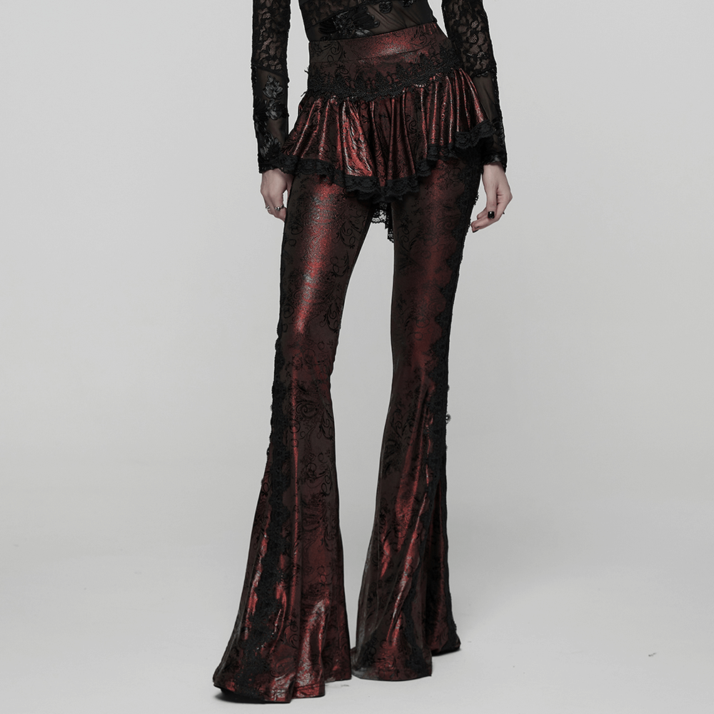 Gothic Wine Red Lace Flared Pants with Skirt Overlay