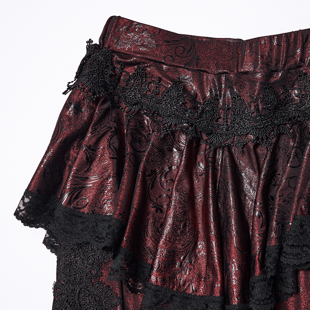 Gothic Wine Red Lace Flared Pants with Skirt Overlay