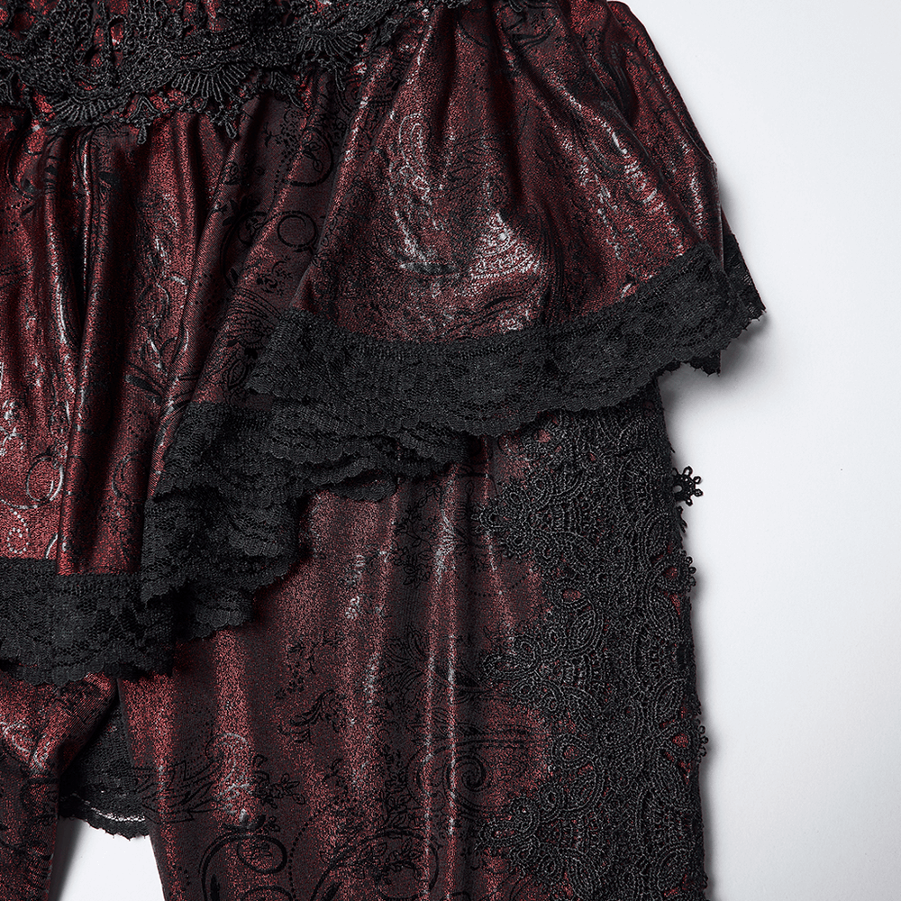 Gothic Wine Red Lace Flared Pants with Skirt Overlay