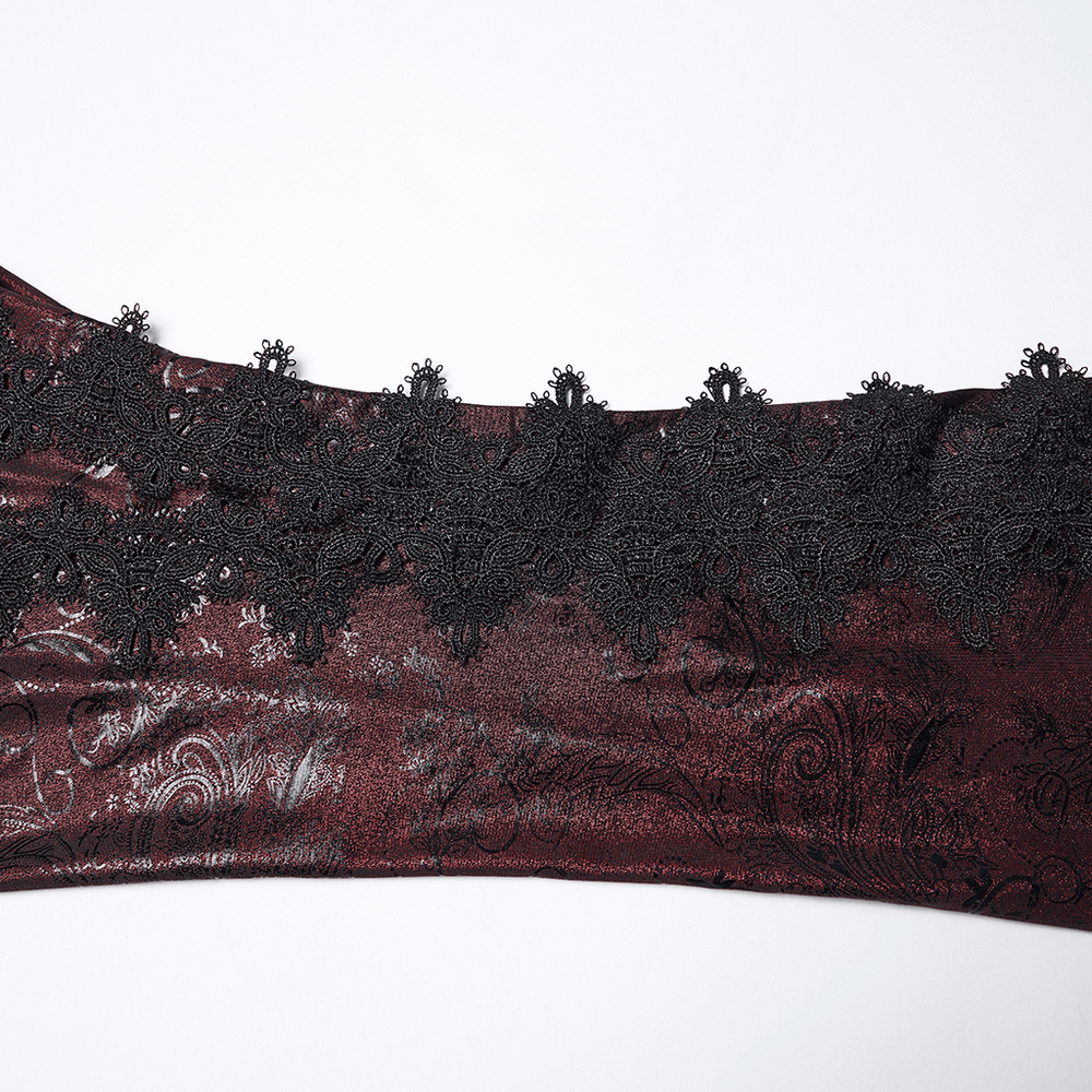 Gothic Wine Red Lace Flared Pants with Skirt Overlay