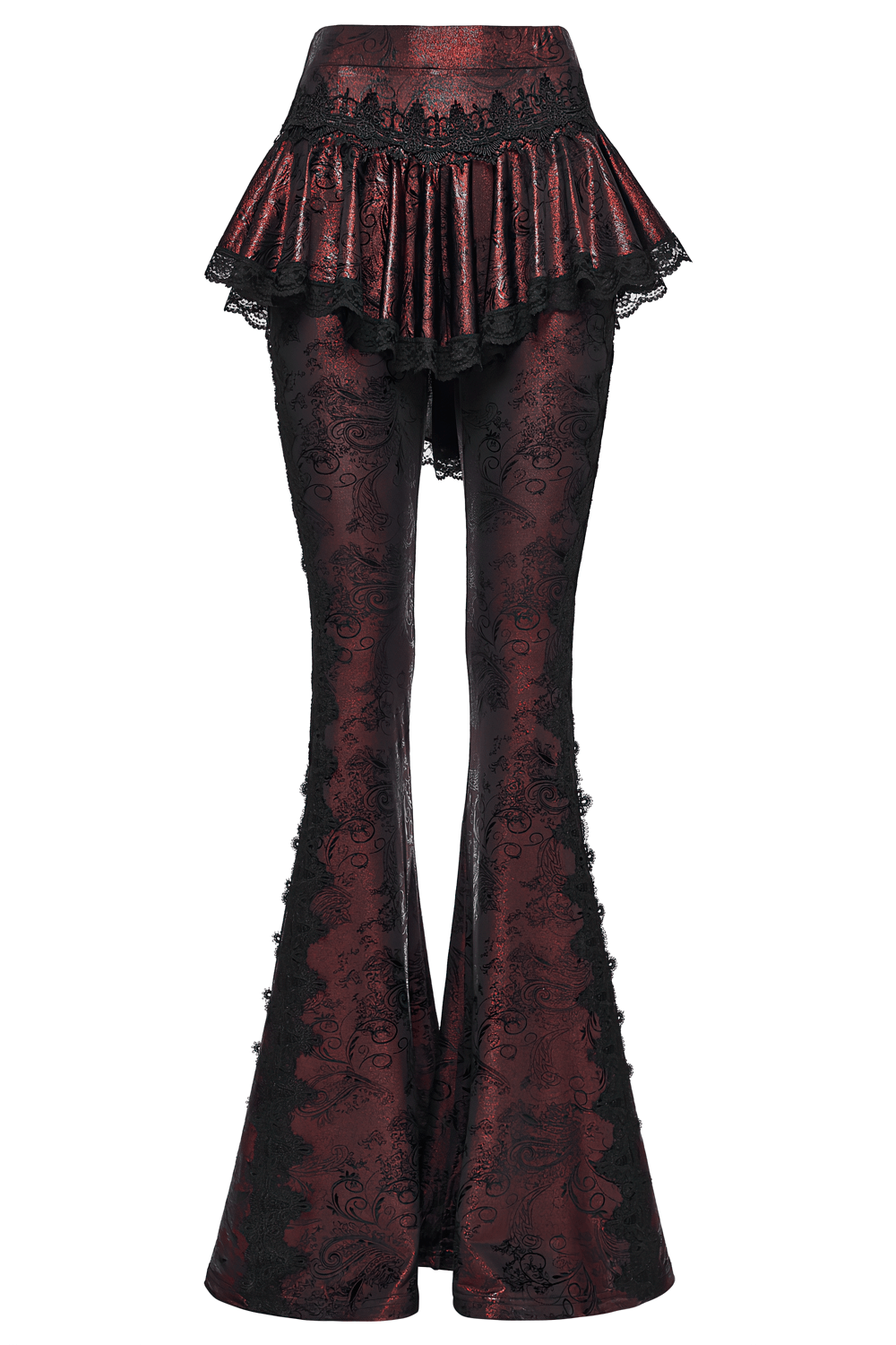 Gothic Wine Red Lace Flared Pants with Skirt Overlay