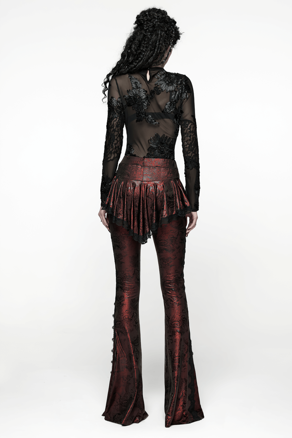 Gothic Wine Red Lace Flared Pants with Skirt Overlay