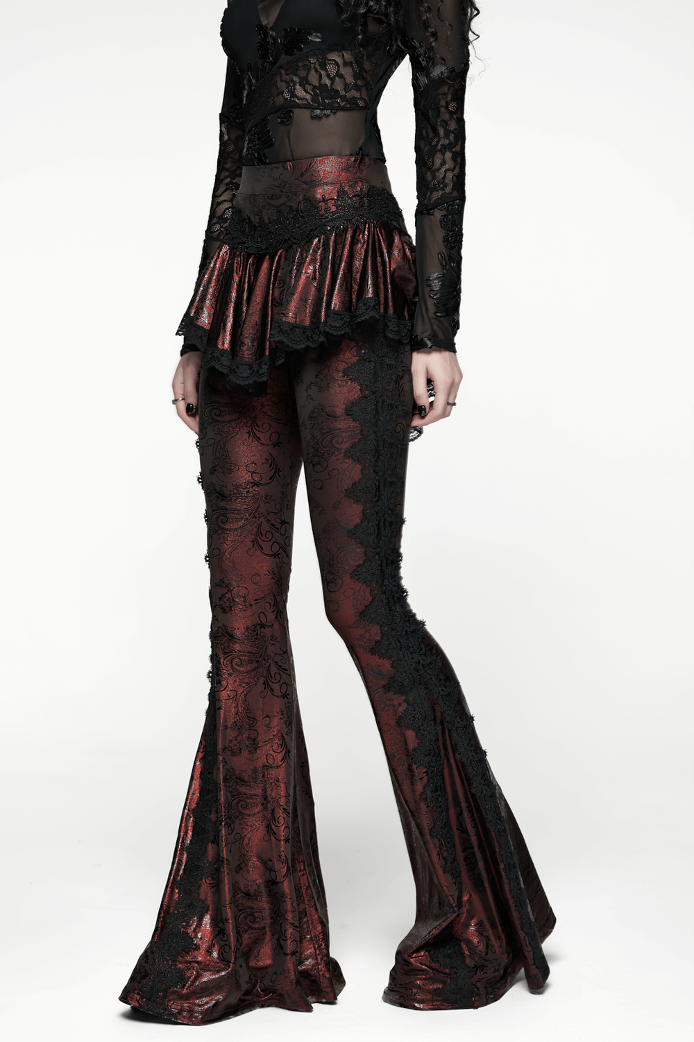 Gothic Wine Red Lace Flared Pants with Skirt Overlay