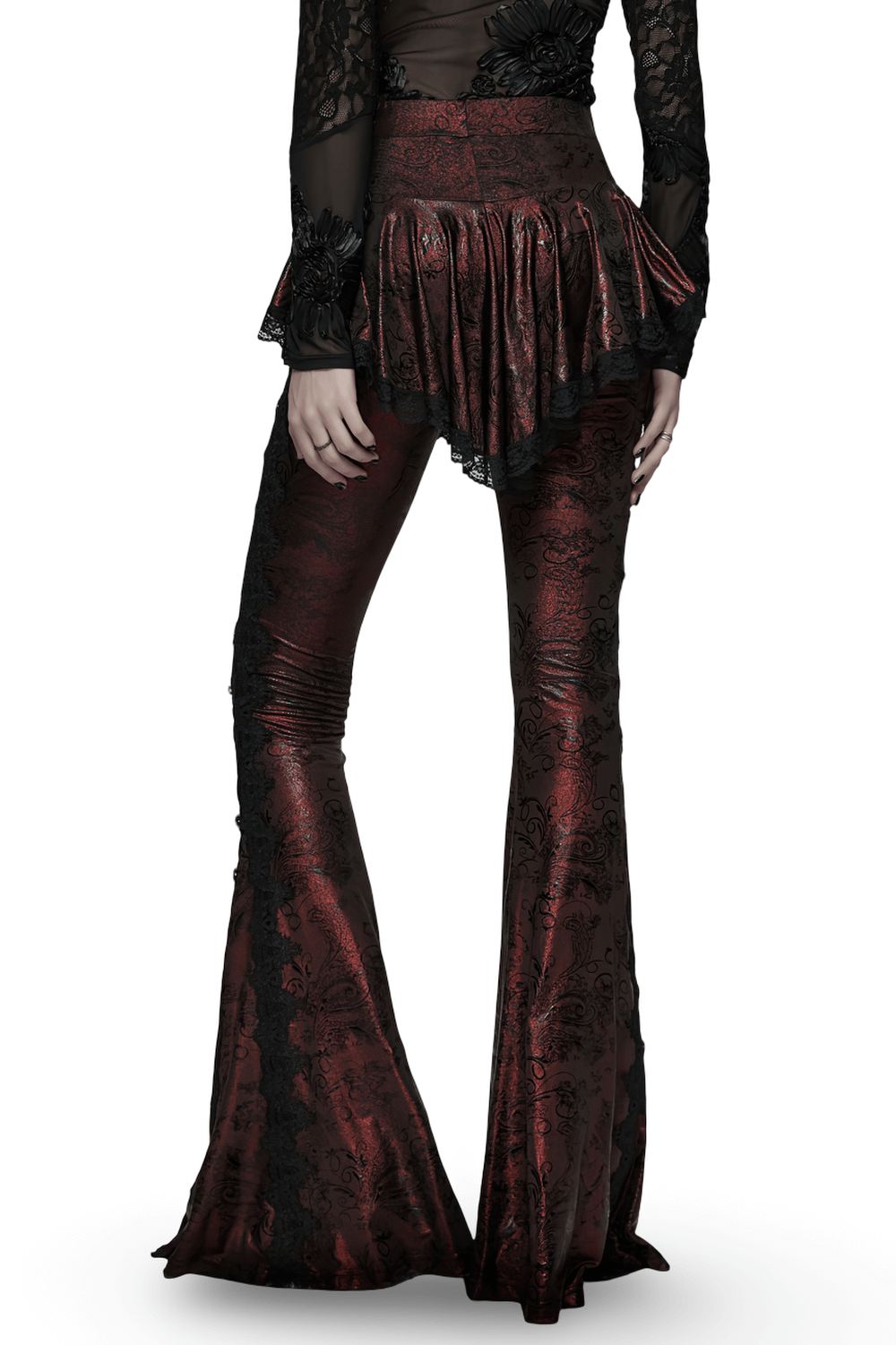 Gothic Wine Red Lace Flared Pants with Skirt Overlay