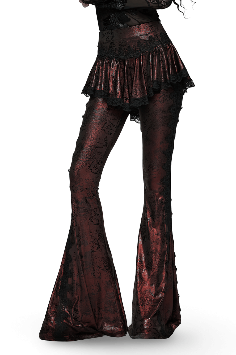 Gothic Wine Red Lace Flared Pants with Skirt Overlay