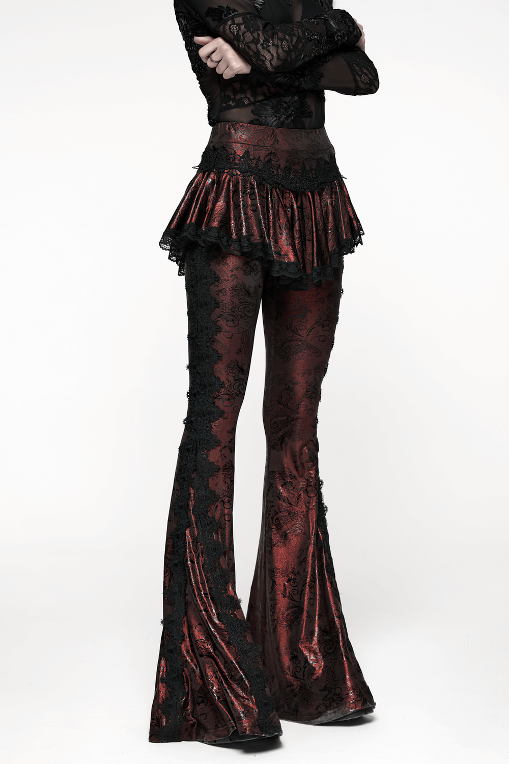 Gothic Wine Red Lace Flared Pants with Skirt Overlay