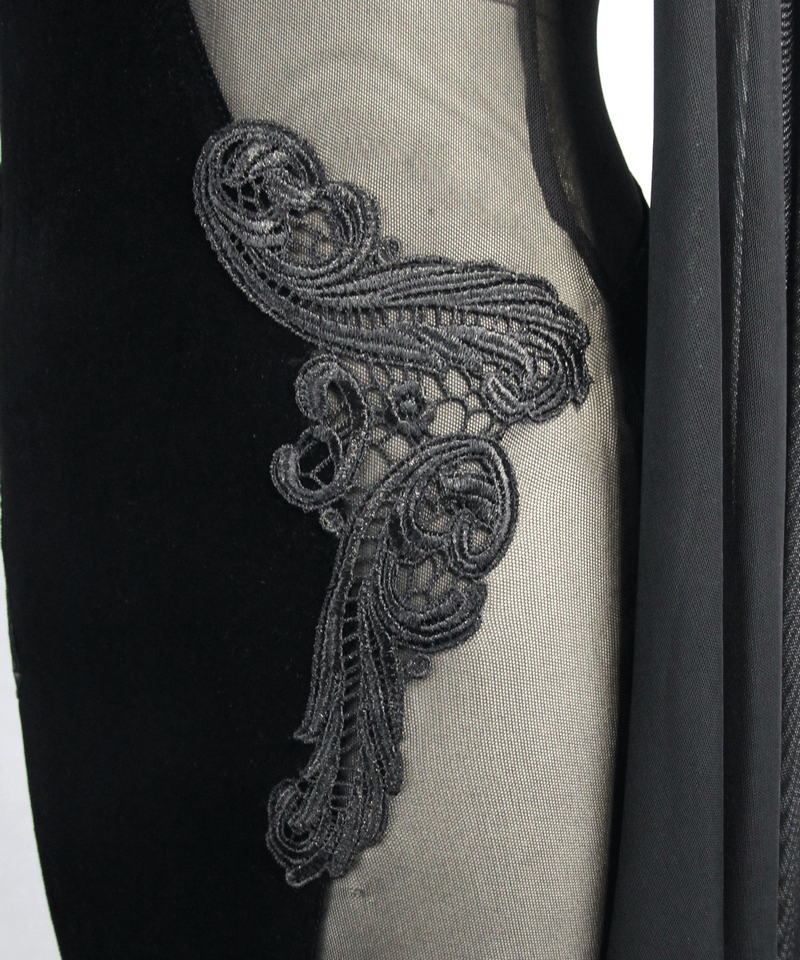 Gothic Women's Black Midi Dress / Elegant Velvet Dress with Transparent Sides & Flared Sleeves