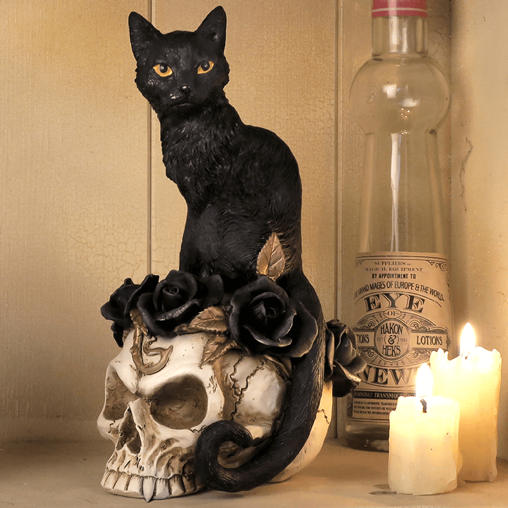 Grimalkin's Ghost Cat Skull Ornament with Black Roses