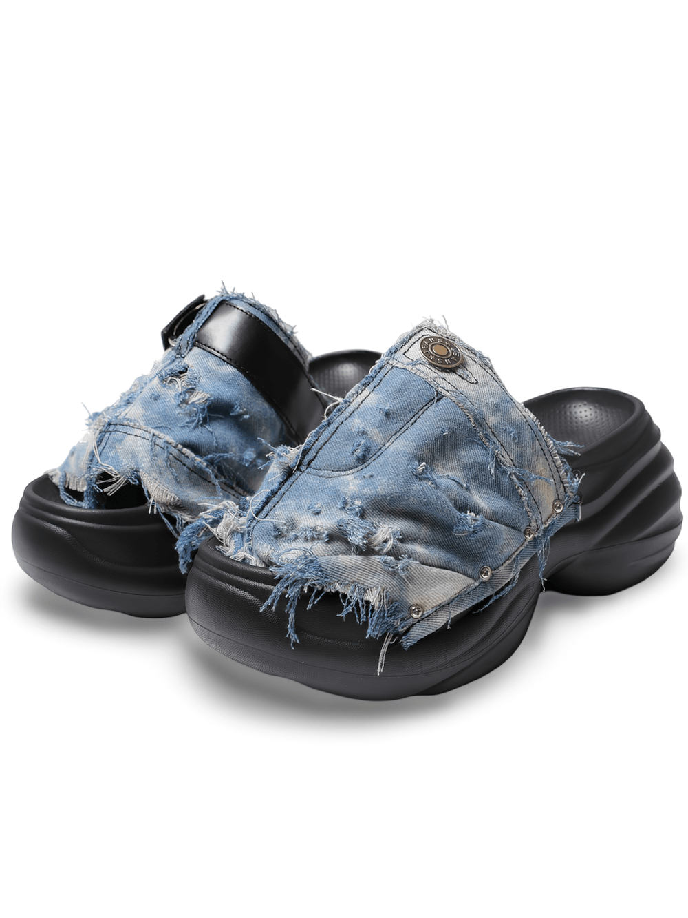Grunge Distressed Blue Denim Chunky Slide Sandals