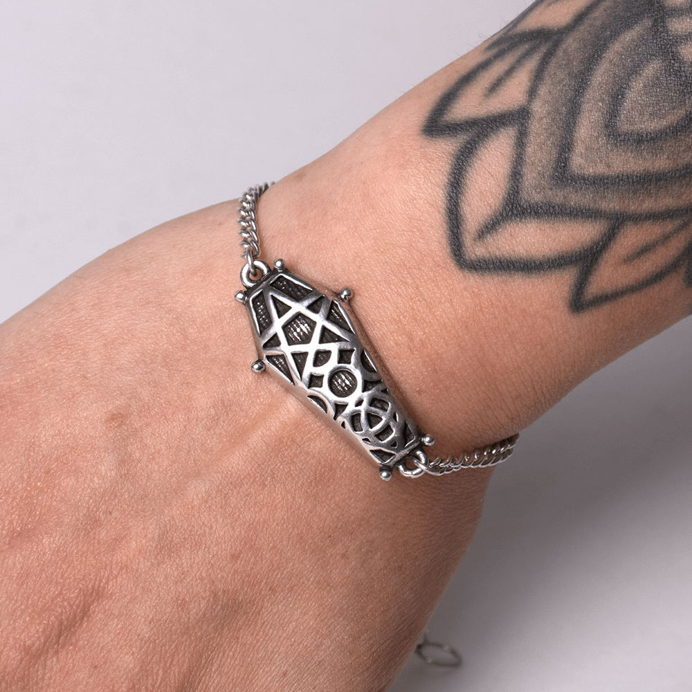 Hex Coffin Wrist Chain with Pentagram and Moon Design