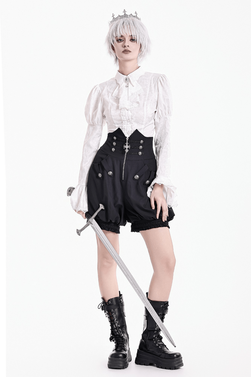 High Waist Bubble Bloomer Shorts with Decorative Buttons