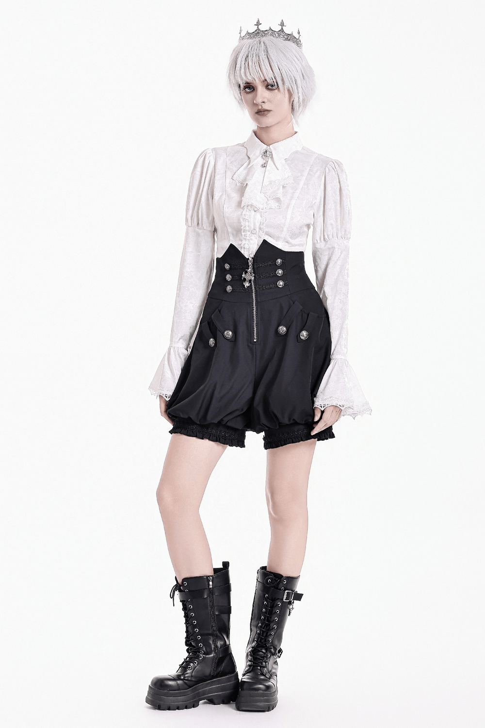 High Waist Bubble Bloomer Shorts with Decorative Buttons