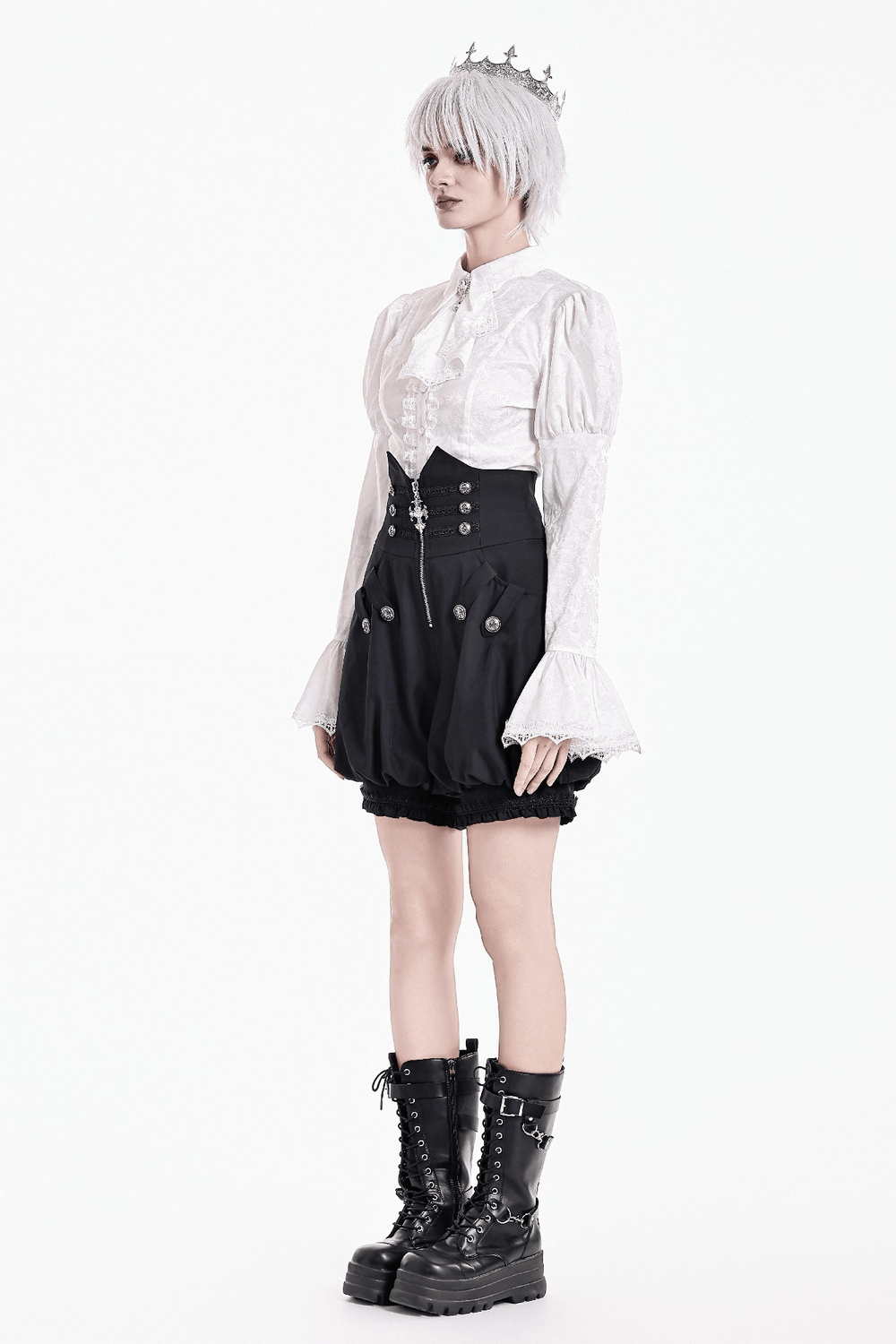 High Waist Bubble Bloomer Shorts with Decorative Buttons