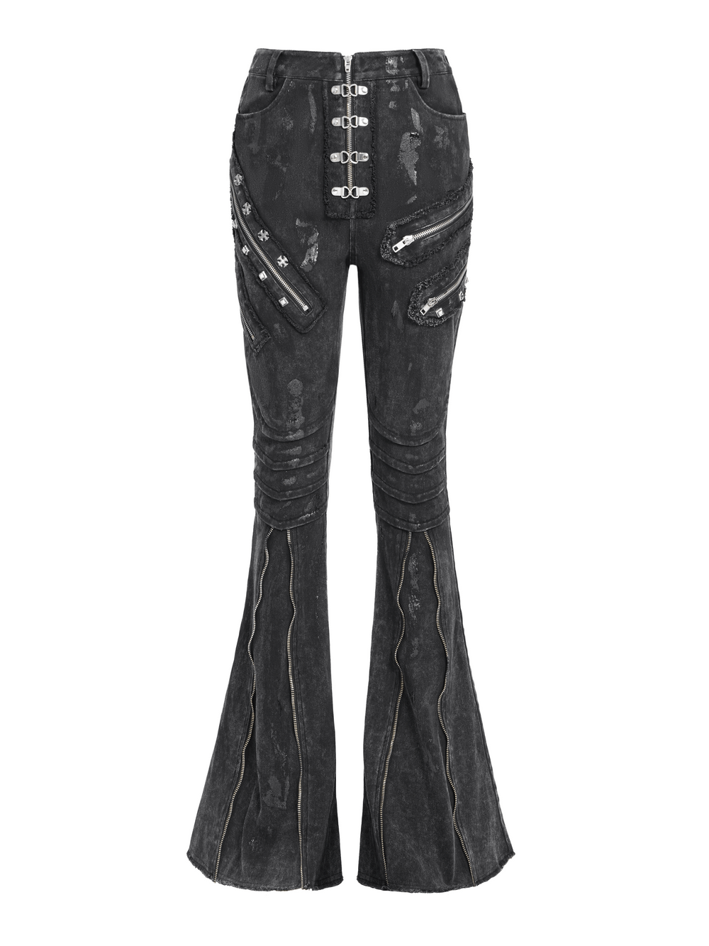 High Waist Flared Jeans with Buckles and Zipper Detail