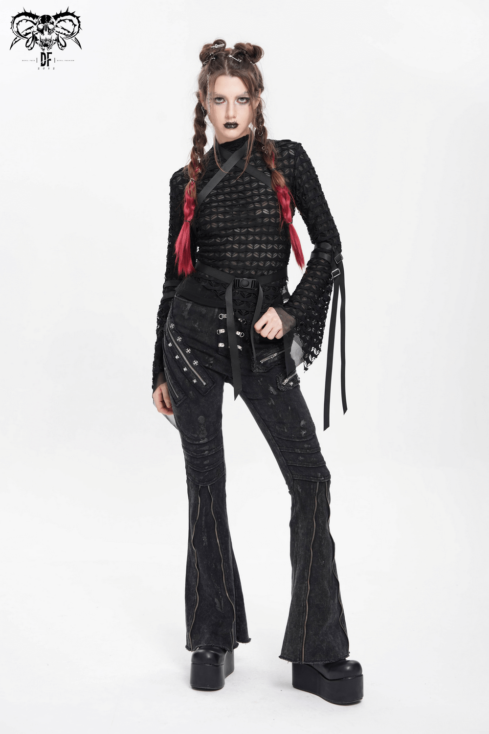 High Waist Flared Jeans with Buckles and Zipper Detail