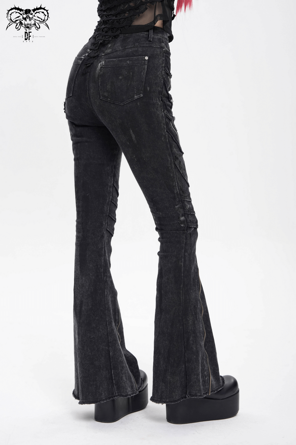High Waist Flared Jeans with Buckles and Zipper Detail