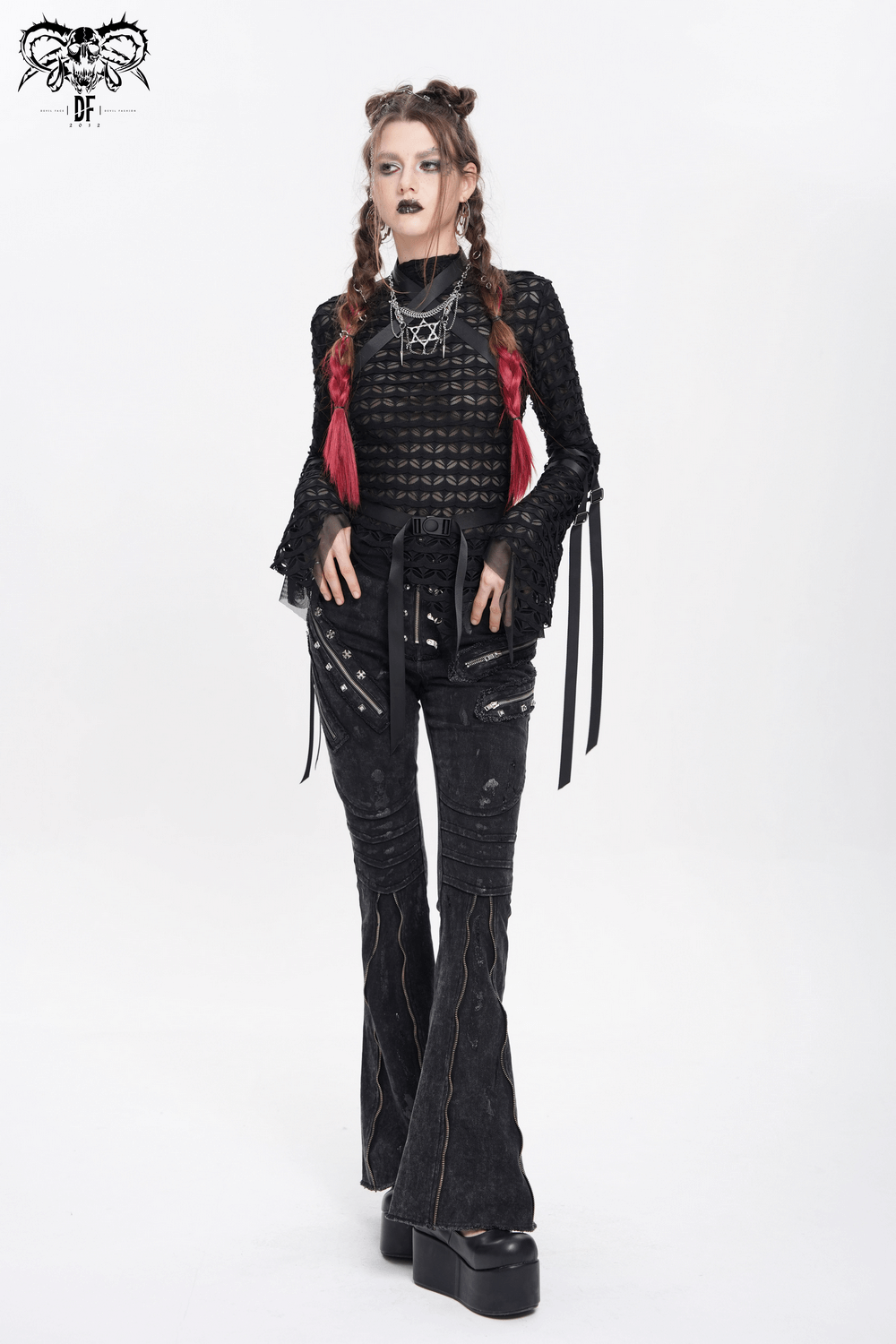 High Waist Flared Jeans with Buckles and Zipper Detail