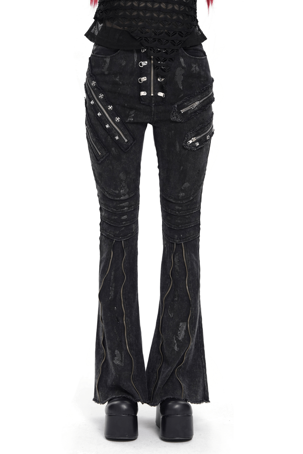 High Waist Flared Jeans with Buckles and Zipper Detail