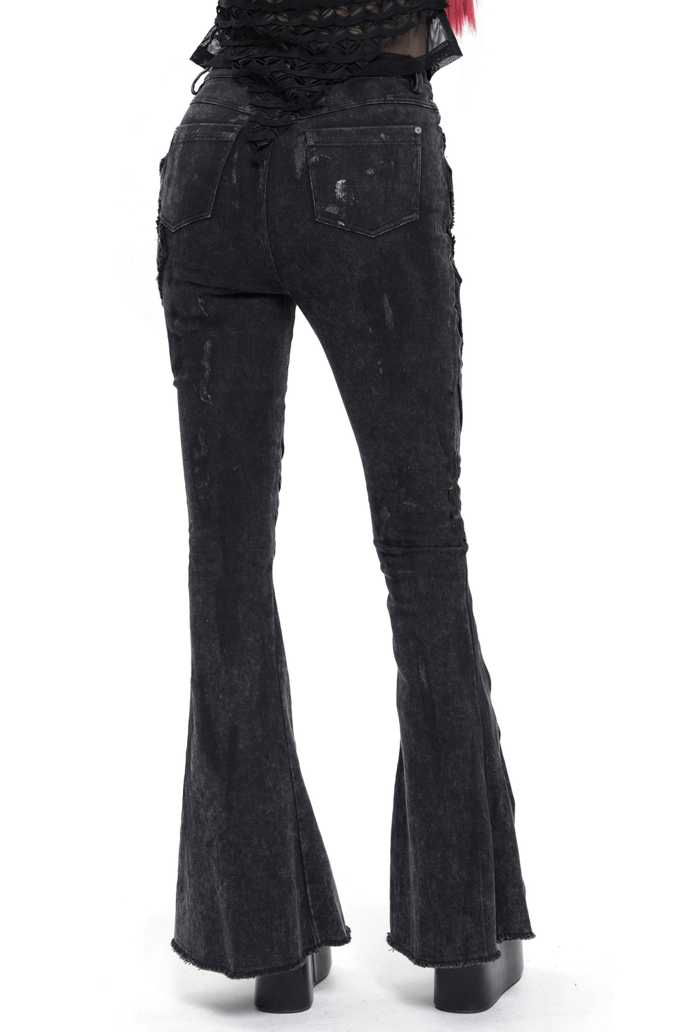 High Waist Flared Jeans with Buckles and Zipper Detail