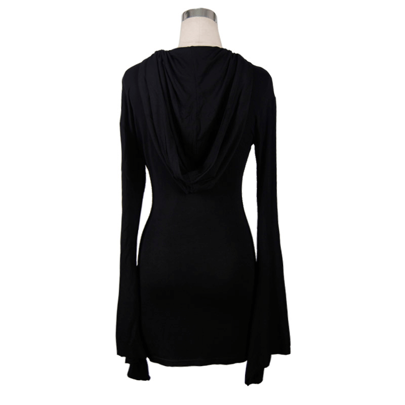 Hooded Black Mini Dresses / Gothic Flared Sleeves Short Dress / Female Alternative Fashion
