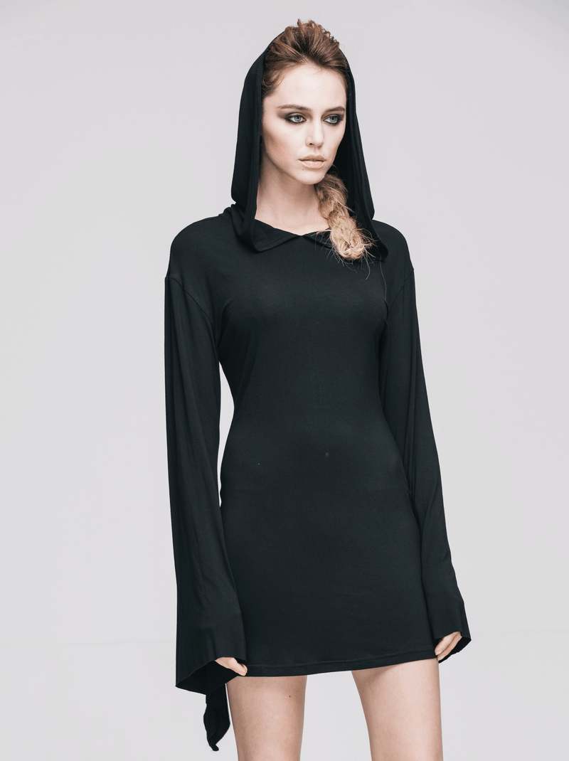 Hooded Black Mini Dresses / Gothic Flared Sleeves Short Dress / Female Alternative Fashion