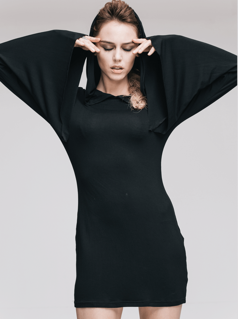 Hooded Black Mini Dresses / Gothic Flared Sleeves Short Dress / Female Alternative Fashion