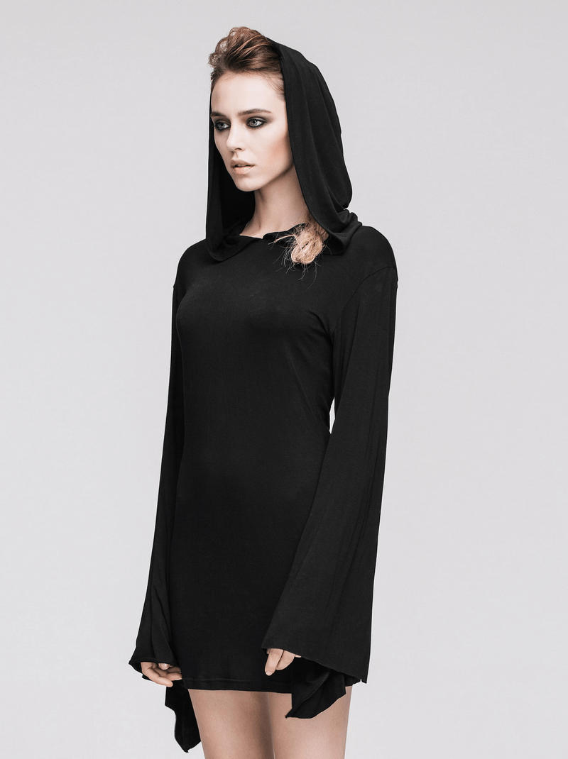 Hooded Black Mini Dresses / Gothic Flared Sleeves Short Dress / Female Alternative Fashion