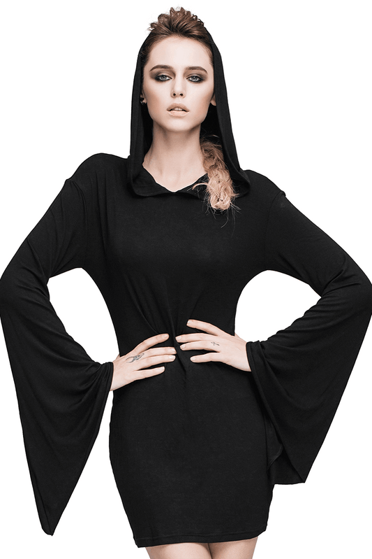 Hooded Black Mini Dresses / Gothic Flared Sleeves Short Dress / Female Alternative Fashion
