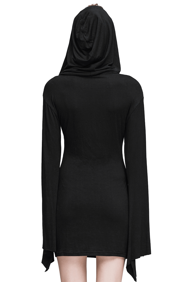Hooded Black Mini Dresses / Gothic Flared Sleeves Short Dress / Female Alternative Fashion