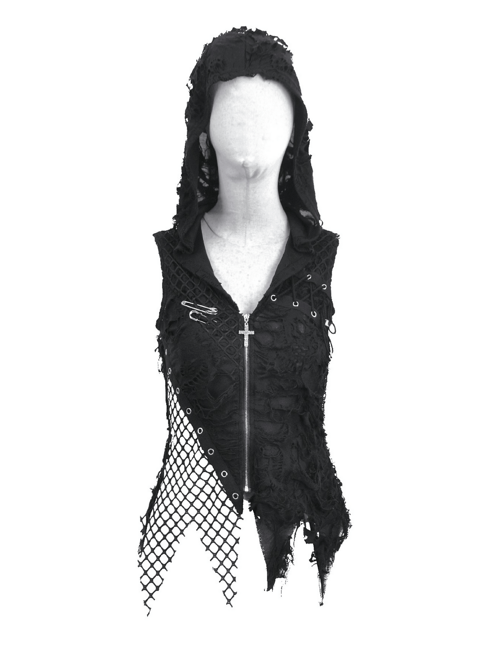 Hooded Lace Top with Fishnet Panels and Front Zipper