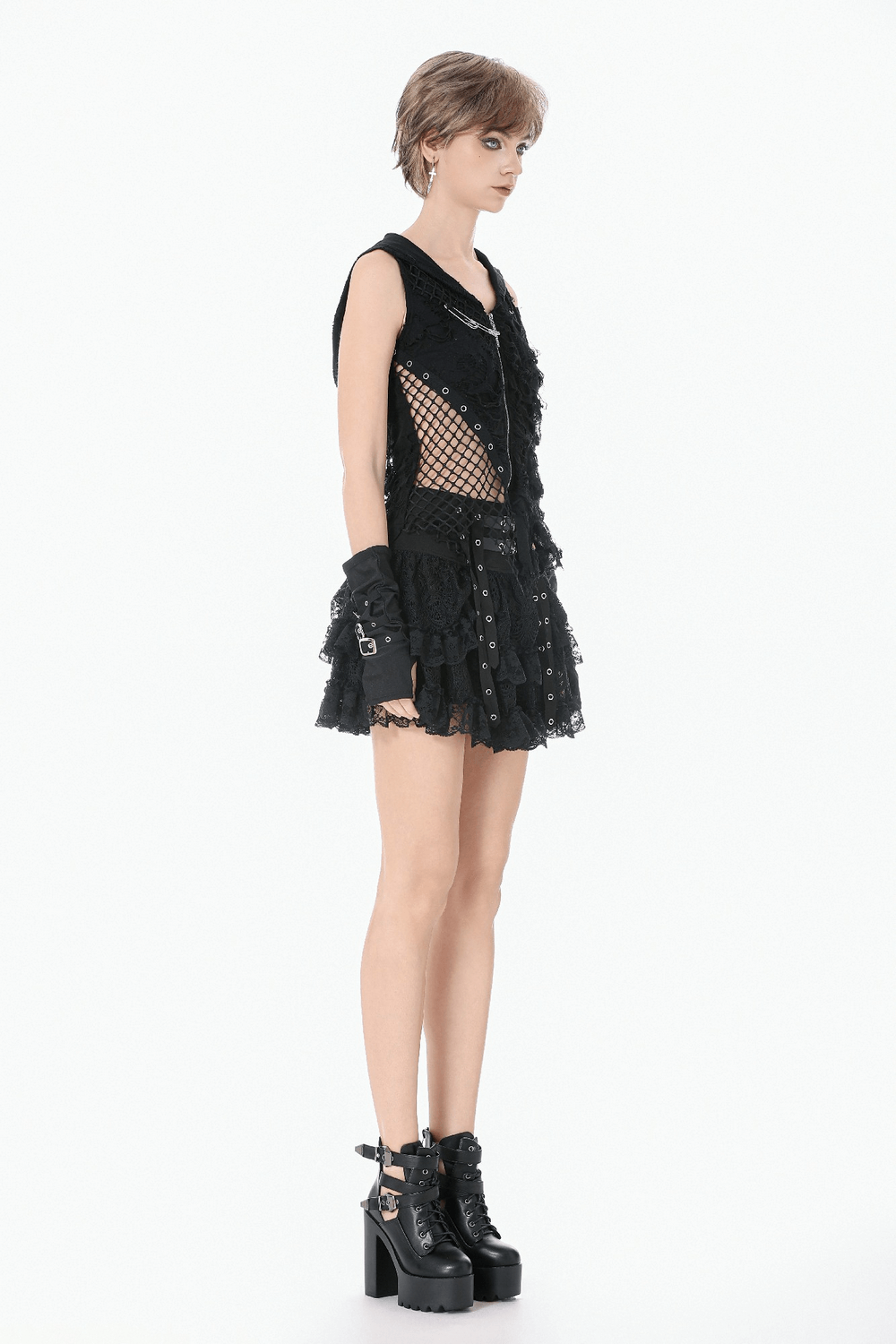 Hooded Lace Top with Fishnet Panels and Front Zipper