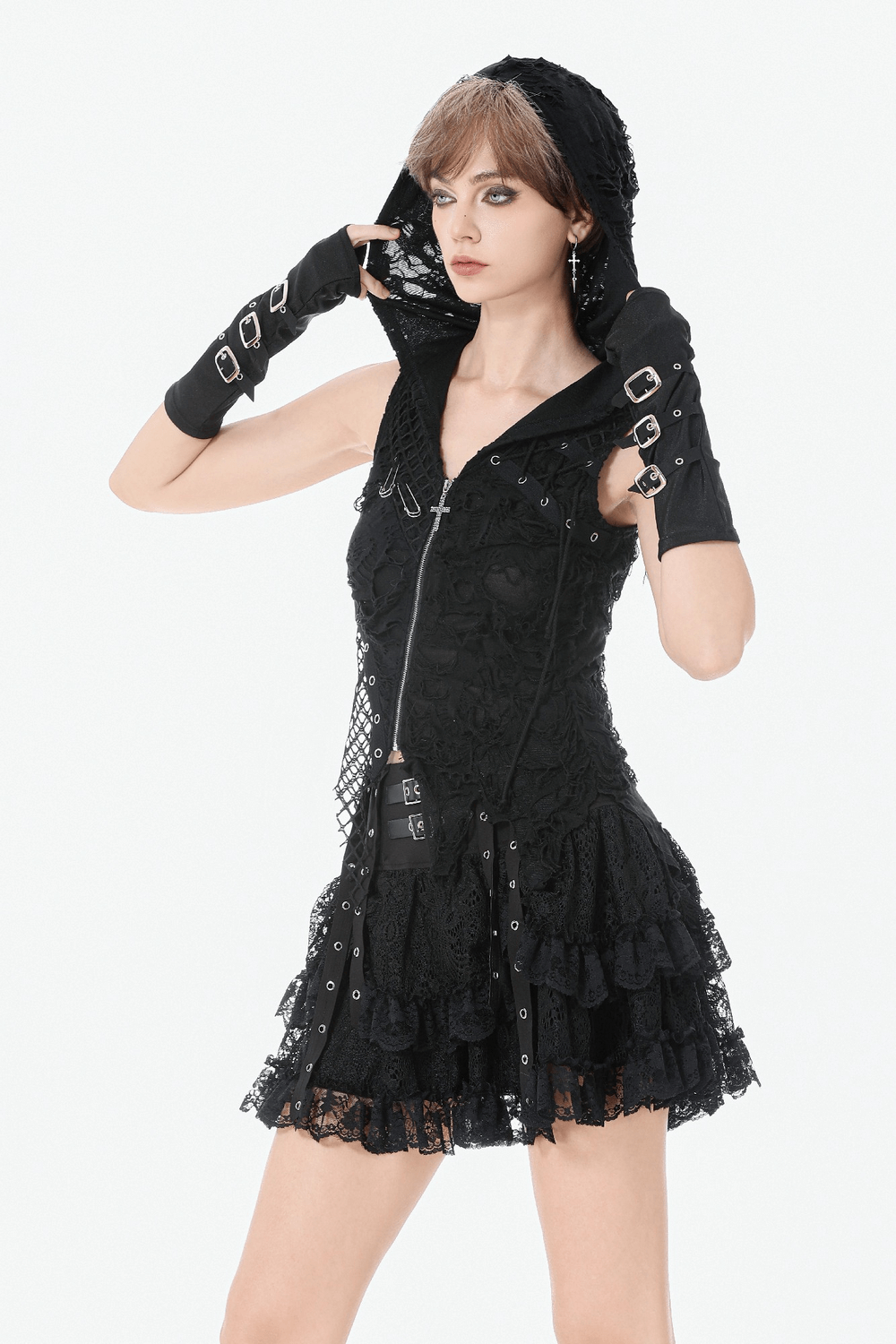 Hooded Lace Top with Fishnet Panels and Front Zipper