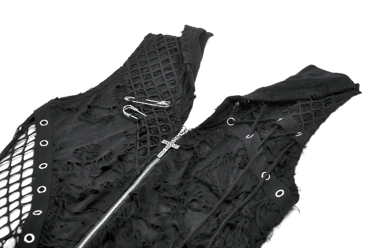 Hooded Lace Top with Fishnet Panels and Front Zipper