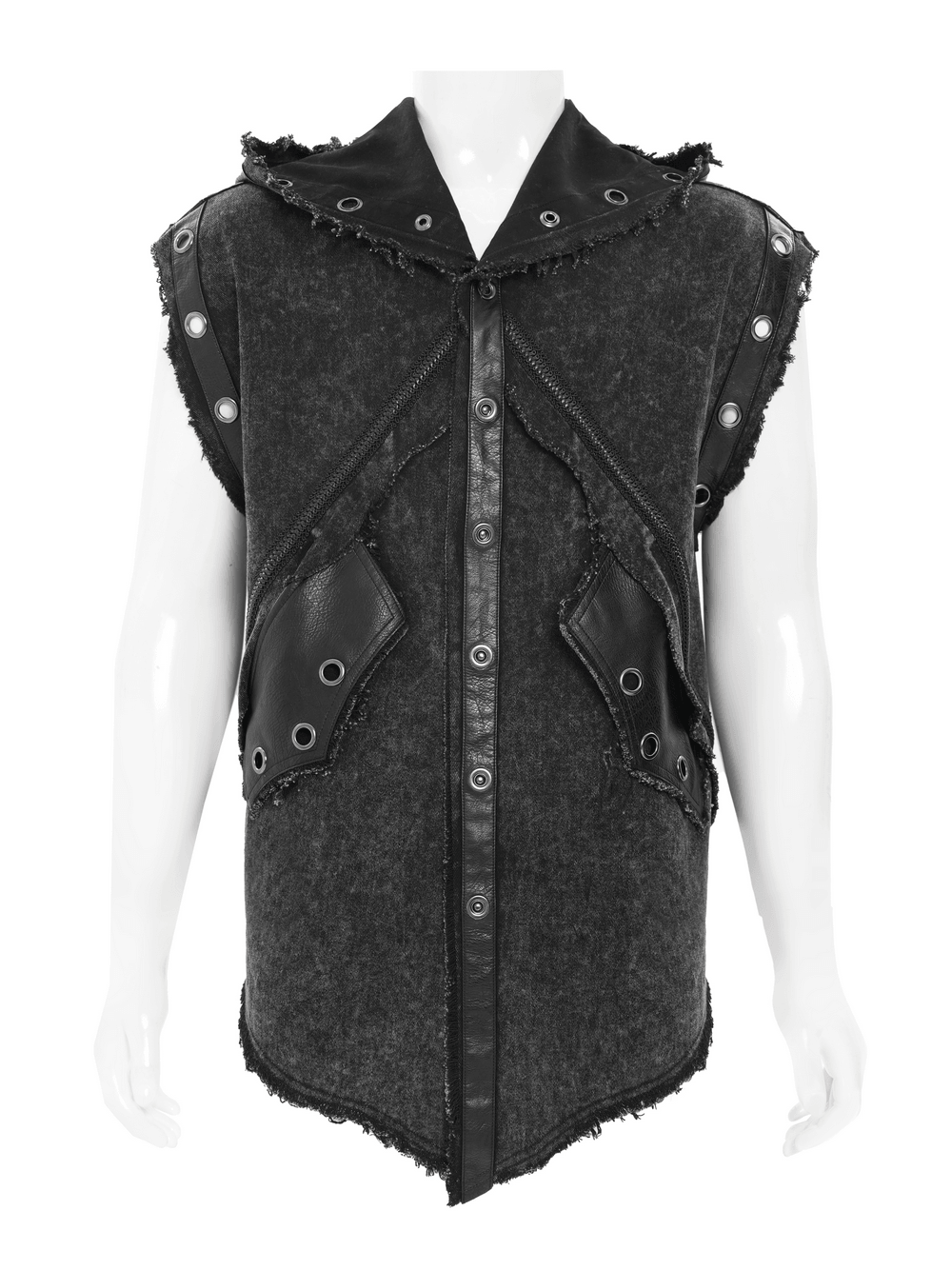 Hooded Punk Denim Vest with Washed Distressed Hem