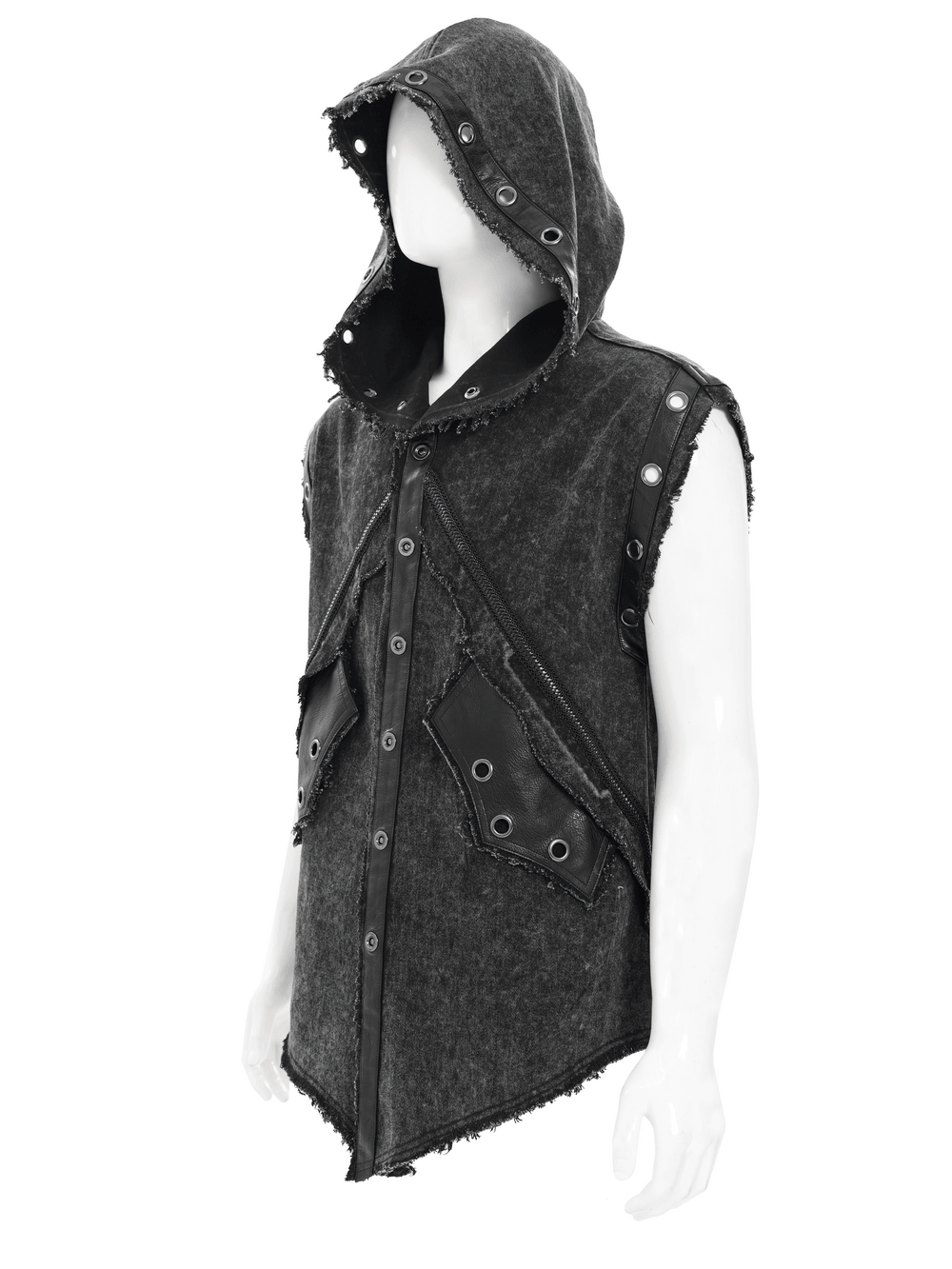 Hooded Punk Denim Vest with Washed Distressed Hem