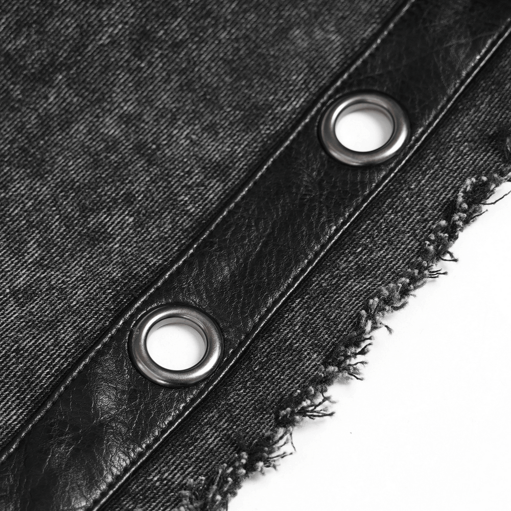 Hooded Punk Denim Vest with Washed Distressed Hem