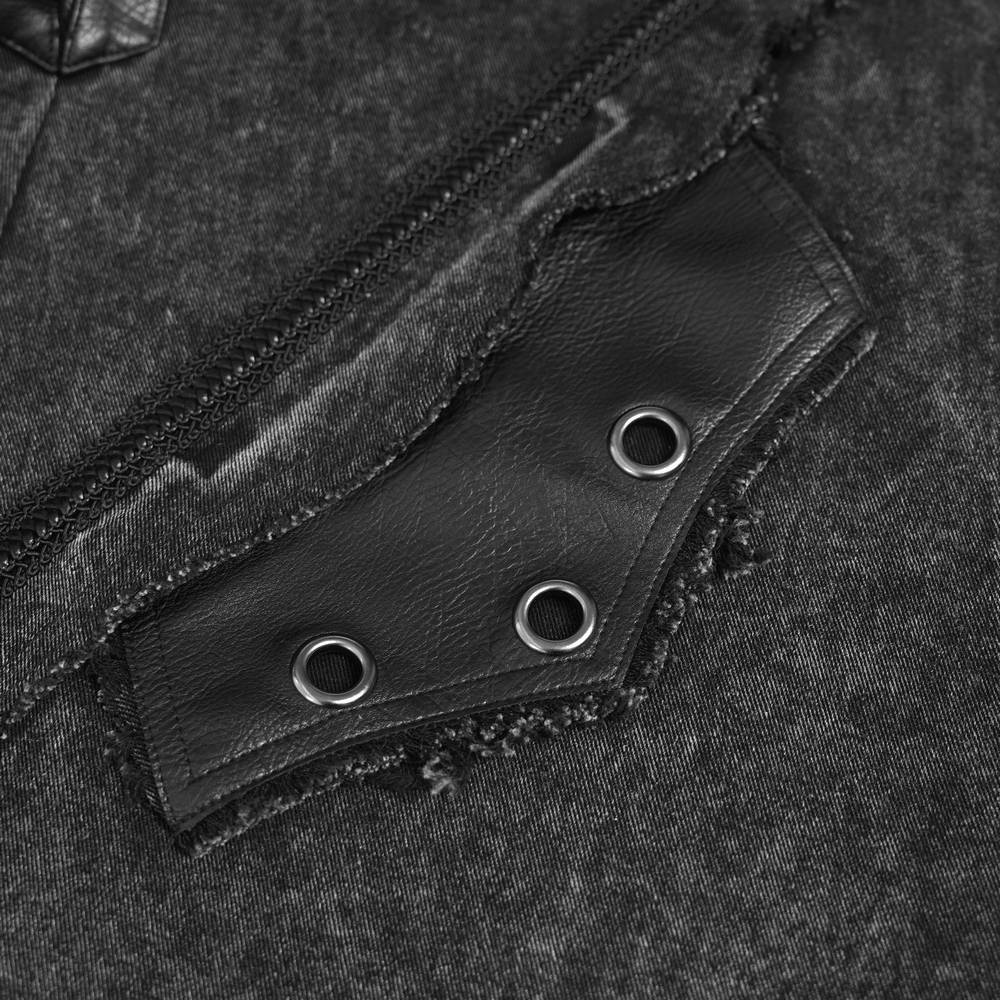 Hooded Punk Denim Vest with Washed Distressed Hem