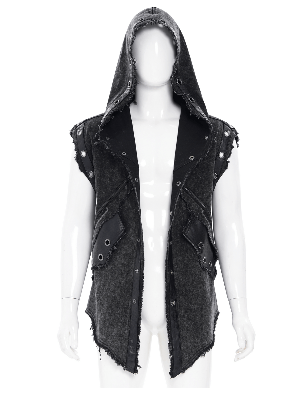 Hooded Punk Denim Vest with Washed Distressed Hem