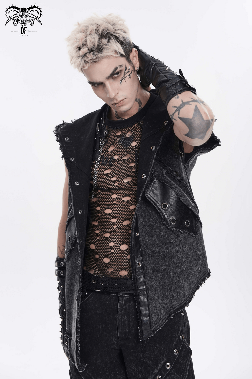 Hooded Punk Denim Vest with Washed Distressed Hem