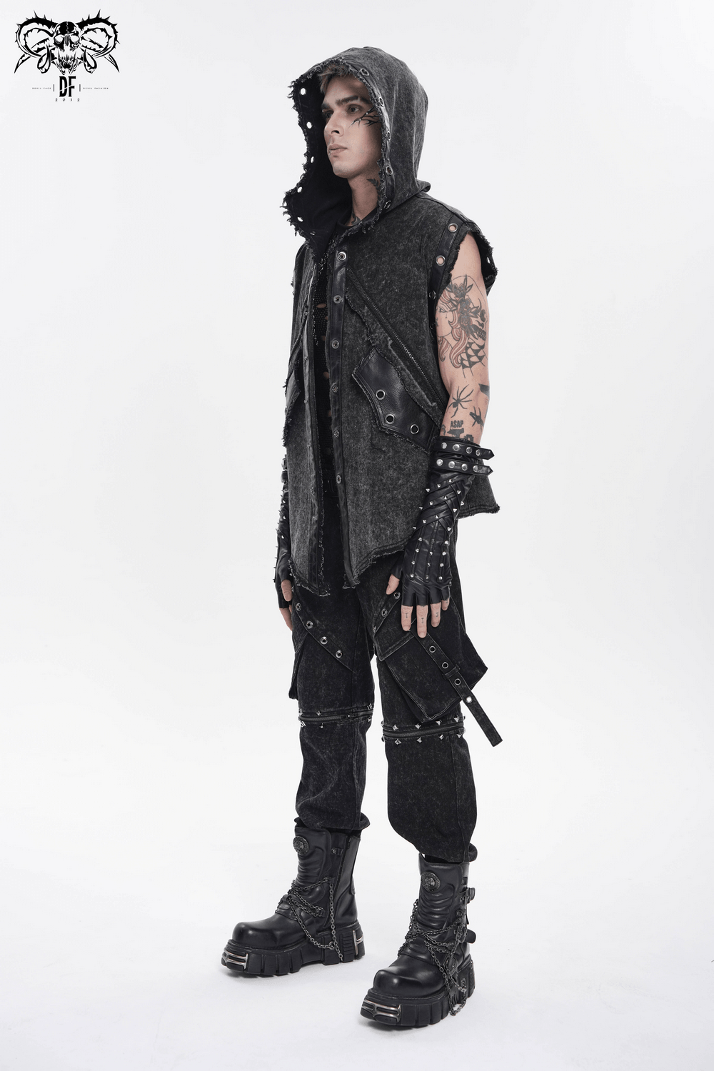 Hooded Punk Denim Vest with Washed Distressed Hem