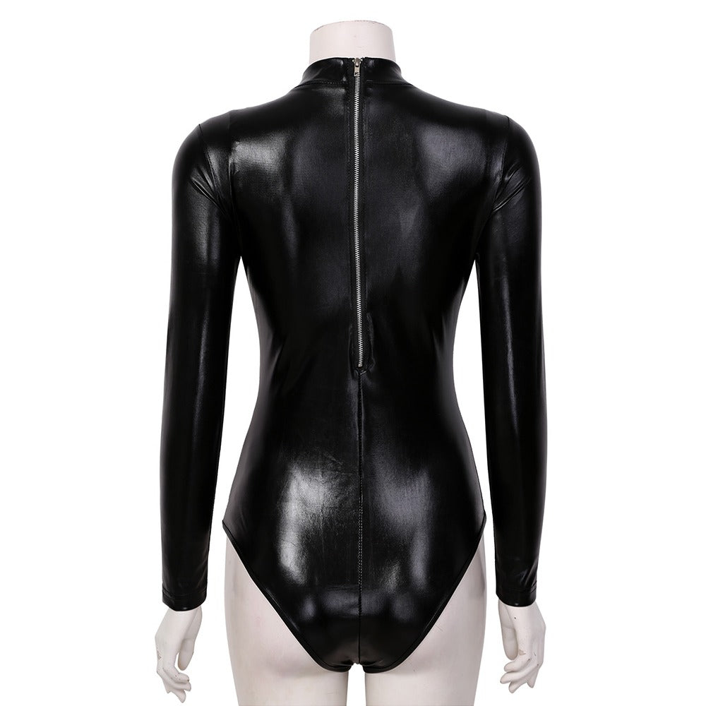 Hot Erotic Women's Bodysuit / Sexy PU Leather Babydoll Mini Dress / Female Black Jumpsuit