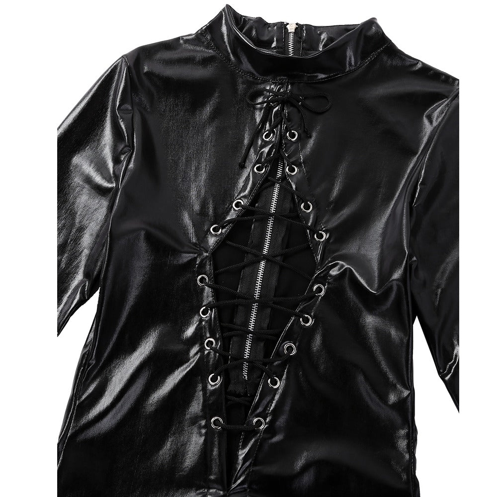 Hot Erotic Women's Bodysuit / Sexy PU Leather Babydoll Mini Dress / Female Black Jumpsuit