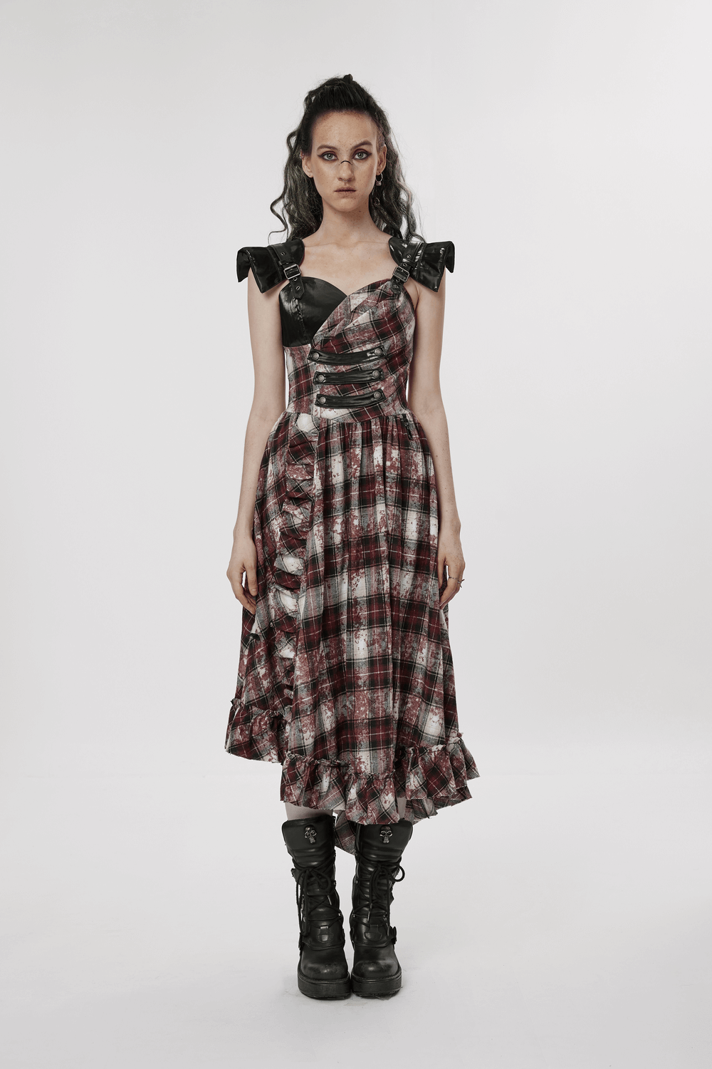 Irregular Hem Plaid Dress Adjustable Leather Straps