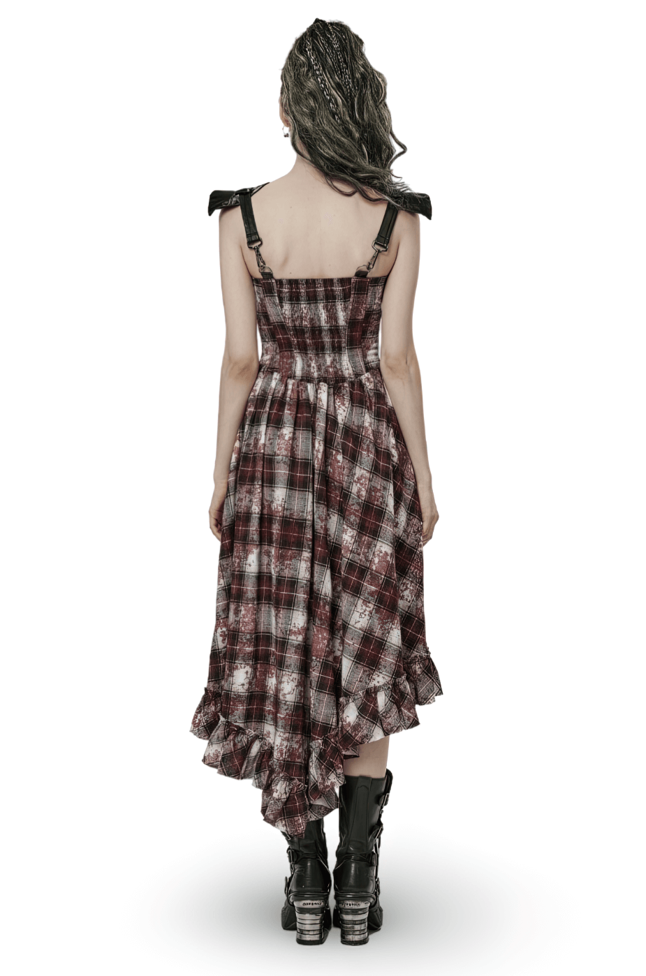 Irregular Hem Plaid Dress Adjustable Leather Straps